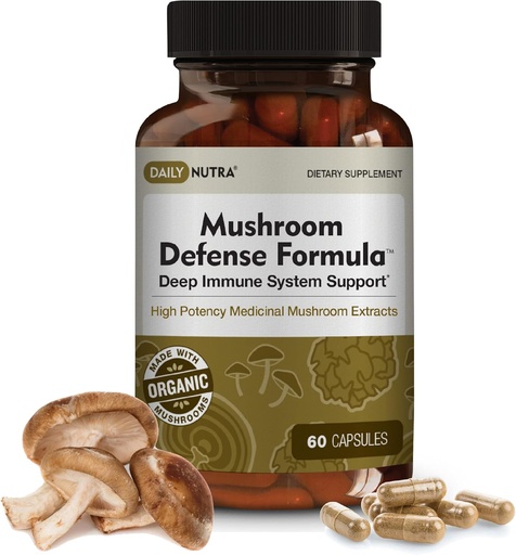 [BRSRMHYRCUOWCHTA] DailyNutra Mushroom Defense Formula - Immune Support Supplement | Organic Mushrooms, Hot Water Extracted - Reishi, Chaga, Maitake, Shiitake & Turkey Tail (60 Capsules)