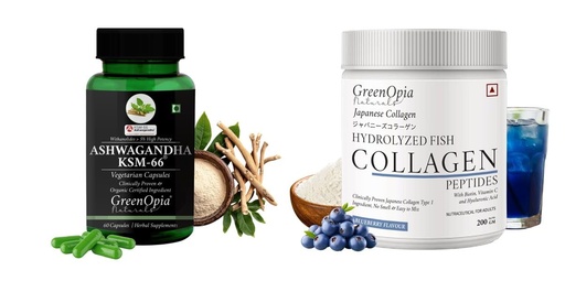 [BRSRYFQZBEBAYFLX] Ashwagandha KSM66 Marine Collagen Peptides Powder Blueberry Wellness Daily Vitality |60 CAPSULES