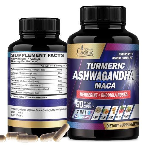 [BRSROELRBF5AID36] Organic Cadane Ashwagandha Supplements - Memory, Immune System & Strength Support - 7in1 Concentrated with Turmeric, Maca Root, Berberine & More - 90 Vegan Capsules for 3-Month Supply