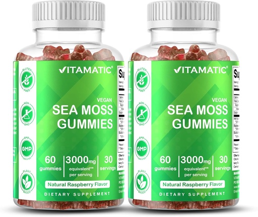 [BRSW2CAZOQPR6EQ4] Vitamatic Irish Sea Moss Gummies – 3000 mg Equivalent Per Serving (from Extract 132.5 mg) – 60 Ct – Made with Bladderwrack & Burdock Root – 2 Pack