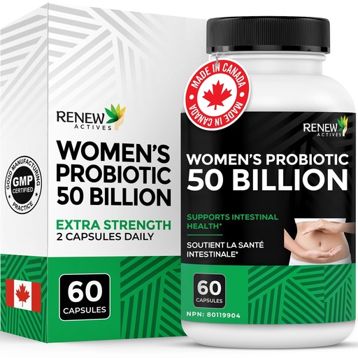 [BRSRMZL4BMDRM3T3] RENEW ACTIVES Probiotics for Women 50 Billion CFU per 2 Capsules – MAKTREK Technology, 4 Probiotic Strains & Prebiotic Blend– Supports Digestion Health & Gut Flora Balance– Made in Canada– 60 Capsules