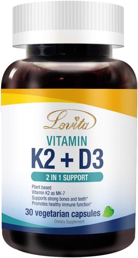 [BRSWYHQBOIBAIYI2] Lovita Vitamin K2 + D3, 400 IU Vegan Vitamin D3 & 120 mcg Vitamin K2 (MK-7), 2 in 1 Formula, Immune Vitamin Complex, 30 Vegetarian Capsules