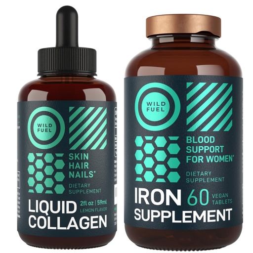 [BRSROCAPOV7RSA3Z] WILD FUEL Iron Supplement for Women with Folic Acid and Liquid Collagen Peptides with Biotin Female Health and Beauty Bundle
