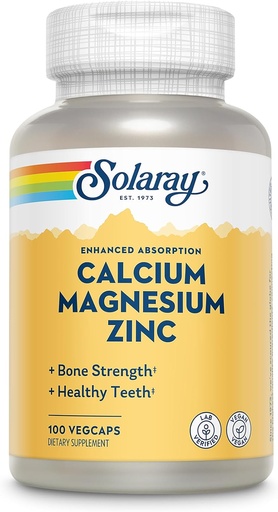 [BRSWIY3YAUOBWGYV] SOLARAY Supplément au zinc de magnésium de calcium - avec du calcium 1000mg, du magnésium 500mg - Santé osseuse, fonction musculaire, santé cardiaque et immunitaire - Vegan, garantie de 60 jours, 25 portions, 100 VegCaps
