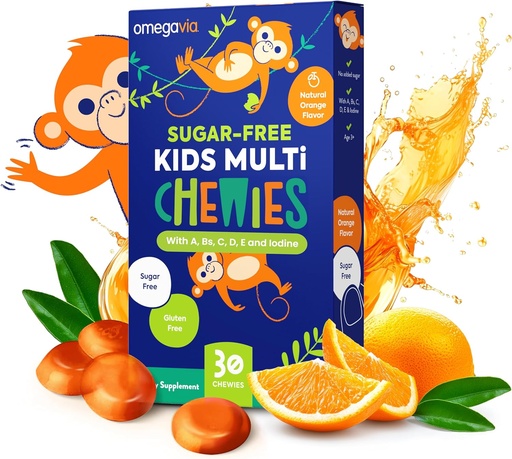 [BRSRAGACBMCWO2D4] Chewies sans sucre OmegaVia pour enfants multivitamines - Vitamines gommées à croquer quotidiennes pour enfants 3+, Vitamine A, C, D3, E, B6 & B12, Folate et plus, Saveur Orange Naturel, 30 Comte