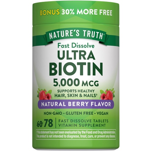 [BRSWGAINPMIWGDLF] Nature's Truth Biotin 5000mcg | 78 Fast Dissolve Tablets | Natural Berry Flavor | Vegan, Non-GMO & Gluten Free
