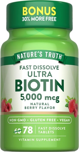 [BRSWGAINPMIWGDLF] Nature's Truth Biotin 5000mcg | 78 Fast Dissolve Tablets | Natural Berry Flavor | Vegan, Non-GMO, Gluten Free