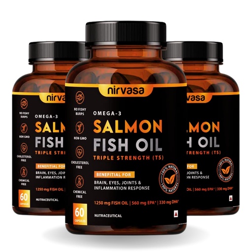 [BRSRMALRCFYA2DQ7] Nirvasa Omega 3 Salmon Fish Oil Softgels (Triple Strength, 3x60 Capsules) 1250mg | 560mg EPA & 400mg DHA | Supports Heart, Brain, Eye & Bone Health | No Fishy Burps | For Men & Women- Pack of 3