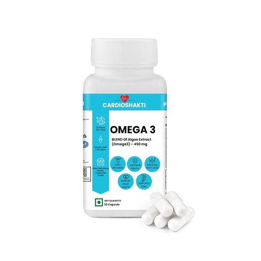[BRSRGCATCEIA2CTH] Cardio Shakti Premium Omega 3 Algae Extract 450 mg Vegan Capsules | Plant Based DHA & EPA Supplement for Heart, Brain, Eye & Daily Wellness | 30 Capsules