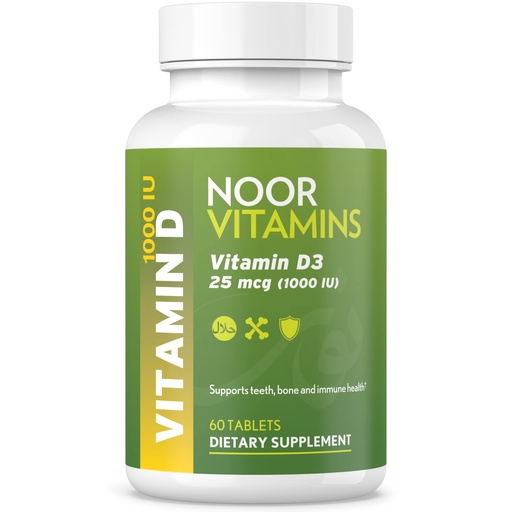 [BRSRMGQTBYIWCHQV] Noor Vitamins Halal Vitamin D, Halal Vitamin D3, 1000 IU Tablets, Supports Bone, Immune & Heart Health, Non-GMO, Gluten Free & Halal (60 Count)