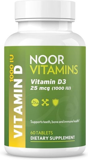 [BRSRMGQTBYIWCHQV] Vitaminas de Noor Vitamina Halal D, Vitamina Halal D3, 1000 UI Tablas, Soportes Hueso, Inmune &amp; Heart Health, Non-GMO, Gluten Gratis &amp; Halal (60 Cuenta)