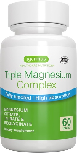 [BRSWGGT4BYCR4FI7] Igennus Superior Triple Magnesium Complex, Fully Reacted & Chelated Glycinate, Taurate & Citrate, Clean Label, High Bioavailability & Absorption, 60 Tablets, Vegan, Non-Buffered
