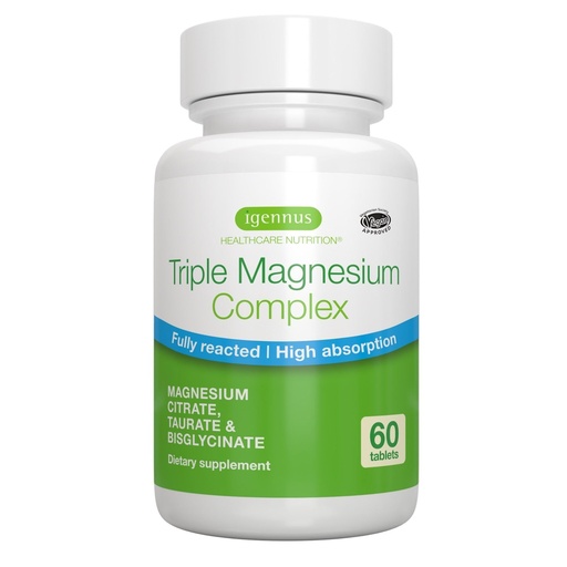 [BRSWGGT4BYCR4FI7] Igennus Superior Triple Magnesium Complex, Fully Reacted & Chelated Glycinate, Taurate & Citrate, Clean Label, High Bioavailability & Absorption, 60 Tablets, Vegan, Non-Buffered
