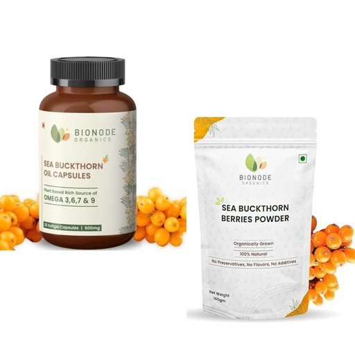 [BRSRGZANAADR6GYY] Sea Buckthorn Berries & Oil Capsule Combo | Dry Seabuckthorn Berries powder | Rich in Omega 3,6,7,9 | Fibers, Omegas, Collagen, Vitamic C, Vitamin E | Dry Sea Buckthorn