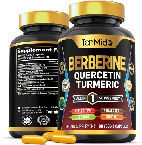 [BRSRAGDYOAHAOCDD] Berberine Supplement for Men and Women, 8in1 Formula with Quercetin, Turmeric, Apple Cider Vinegar, Beet Root & More - Digestive, Immune Support - Rich in Nutrient - 90 Capsules
