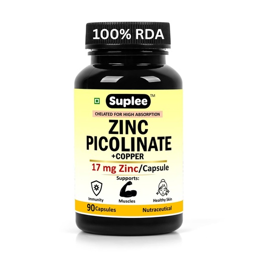 [BRSRGBQ6BMIGEAD5] Suplee Zinc Picolinate with Copper Gluconate | High Absorption Zinc Supplement | Immunity, Skin Health & Muscle Support | 90 Veg Capsules