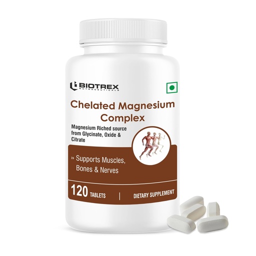 [BRSRA2YYCAFAY3LP] Biotrex Nutraceuticals Chelated Magnesium Complex, Magnesium Riched Source From Glycinate, Oxide & Citrate, Supports Bone, Muscle & Nerves Health - 120 Vegetarian Tablets