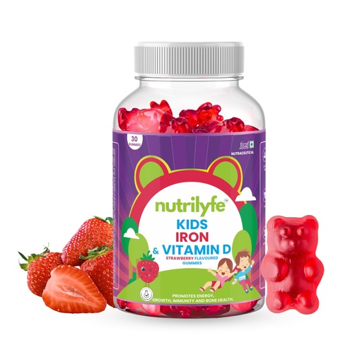 [BRSRAY3YCJ6RQ3L7] Iron & Vitamin D Gummies for Kids | Promotes Energy, Growth, Immunity & Bone Health | Improves Haemoglobin as it Contains Multivitamins | Bear Shaped 30 Gummies-Strawberry Flavored Gummy