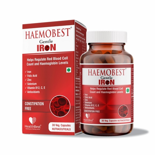 [BRSREZD6OEFAEA3D] HealthBest Haemobest Iron Supplement | Iron, Folic Acid, Zinc & B12 for Hemoglobin Support, Energy & Immunity | For Men & Women - 30 Capsules