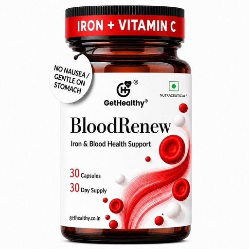 [BRSREGTRB4DRO2DO] GetHealthy® BloodRenew™ Vegan Iron Supplement for Men & Women | Ferrous Bisglycinate (Iron Bisglycinate) 29mg with Vitamin C, B12, 5-MTHF Folate, Lactiplantibacillus Plantarum 1 Billion CFU, Beetroot & Spirulina | Hemoglobin, Energy & Blood Health Support | 30 Capsules | 30 Day Supply