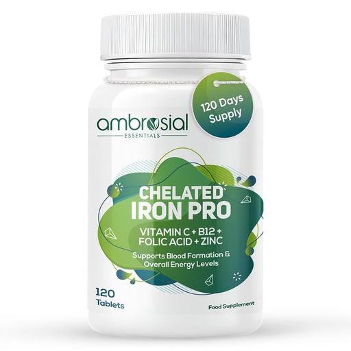 [BRSREFINBYCQ2G3G] Ambrosial Iron Bisglycinate with Folic Acid, Vitamin C, Vitamin B12 & Zinc | Chelated Iron Tablets for Men & Women | 120 Vegetarian Tablets