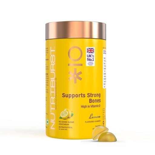 [BRSW2BQ3BAAQAEL7] Nutriburst Supports Strong Bones Gummies with Calcium & Vitamin D to Boosts Immunity | No-AddedSugar | Lemon Flavor | 100% Vegetarian | 60 Gummy