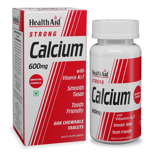 [BRSWG2Q5BMPQ22TF] HealthAid Strong Calcium 600 mg with Vitamin D3 & Vitamin K2-7 | Chewable Calcium Supplement for Men & Women | Supports Strong Bones, Teeth, Joints & Muscles | 60 Tablets