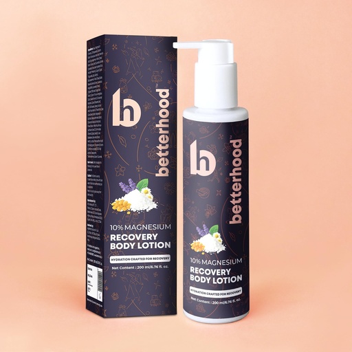 [BRSREAT3DICRE2D3] betterhood 10% Magnesium Recovery Body Lotion | Restful Sleep, Muscle Recovery & Relaxation | Chamomile & Shea Butter Blend with Ginger Roots, Boswelia, Menthol for Wholesome Healing | 225 ml