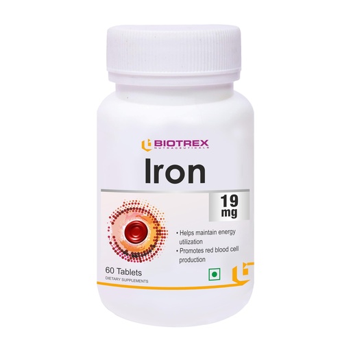 [BRSRAYYOAQHAEE33] Biotrex Nutraceuticals Iron 19mg (As Ferrous fumarate) | Boosts immunity, Supports energy, Brain function & Muscle function | For Both Men & Women - 60 Tablets