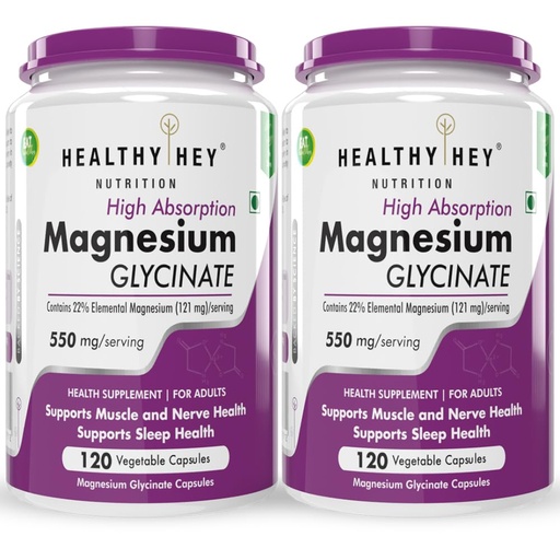 [BRSRAZYEBFYQMD3V] HealthyHey Nutrition High Absorption Magnesium Glycinate, 550mg - 120 Vegetable Capsules - Pack of 2