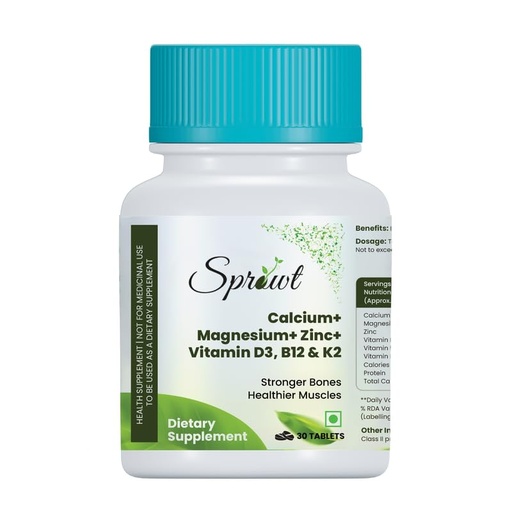 [BRSRAFQOBYFREFL2] Sprowt Calcium Magnesium Zinc Vegetarian Tablets with Vitamin D3, B12 & K2 I Calcium Tablets for Women & Men to Support Bone Health, Joint & Immunity | Pack of 1 | 30 Count