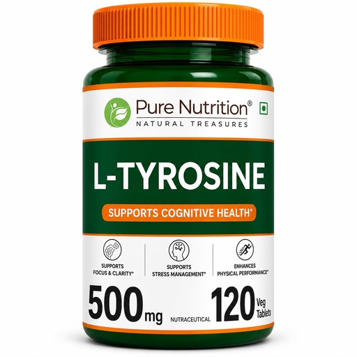 [BRSREZQOAAMQICI4] Pure Nutrition L Tyrosine (500mg), 120 Veg Capsules | Supports Cognitive Health, Memory, Focus & Brain Function | Reduces Stress & Fatigue | Promotes Thyroid Health