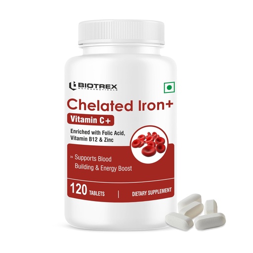 [BRSRA2YFDF6AE334] Biotrex Nutraceuticals Chelated Iron + Vitamin C, B12, Folic Acid & Zinc, Boost Hemoglobin Levels & Improves Concentration Levels, Energy & Blood Building - 120 Vegetarian Tablets