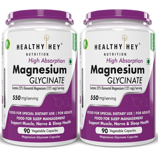 [BRSRAZYEAQBBOD3V] HealthyHey Nutrition High Absorption Magnesium Glycinate, 550mg - 90 Vegetable Capsules - Pack of 2