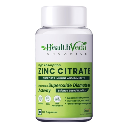 [BRSRAZAHO4IQO2DG] Health Veda Organics Zinc Citrate | Supports Immunity, Skin, Hair & Nails | 120 Veg Capsules for Men & Women
