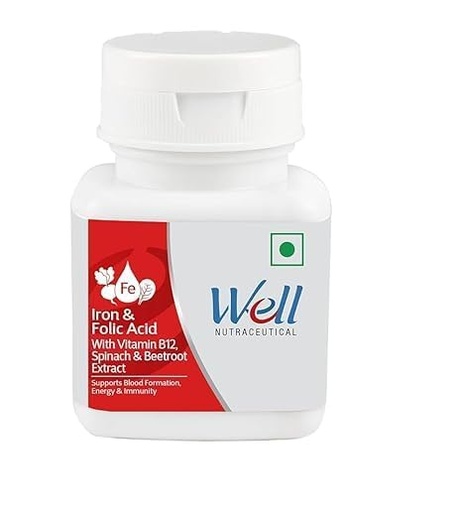 [BRSRGBTRDEMRG3Q2] Well Iron & Folic Acid Supplement with Vitamin B12, 60 Tablets (Pack of 1)