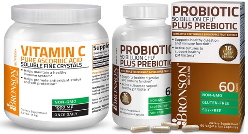 [BRSWYZANOQBAMF3F] Bronson Probiotic 50 Billion CFU + Prebiotic with Apple Polyphenols & Pineapple Fruit Extract Vitamin C Powder Pure Ascorbic Acid Soluble Fine Non GMO Crystals