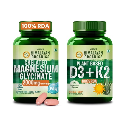 [BRSRY2YQCEOQOYAY] Vlado's Himalayan Organics Chelated Magnesium Glycinate + Plant Based Vitamin D3 K2 Combo | 2000mg Magnesium Glycinate & Vegan D3 600 IU with MK7 | Daily Wellness Support | 120 Tablets + 120 Capsules