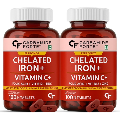 [BRSRAFQ5CQPRM3QU] Carbamide Forte Chelated Iron + Vitamin C, B12, Folic Acid & Zinc - 100 Veg Iron Tablets (Pack of 2)