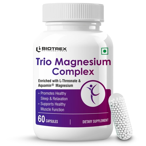 [BRSRAGAPB57AOF3F] Biotrex Nutraceuticals Trio Magnesium Complex Enriched With Magnesium L- Threonate, Aquamin Citrate & Magnesium Glycinate, Highly Bioavailable Forms of Magnesium, Supports Healthy Nerve & Brain Health, Supports Healthy Sleep - 60 Veg Capsules