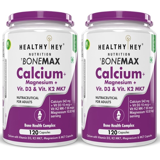 [BRSRAZYEAR5WOGT4] HealthyHey Nutrition Vegan Calcium with Magnesium, Vitamin D3 & Vitamin K2- Mk7 - BoneMax - Bone Health Complex - 120 Vegetable Capsules - Pack of 2