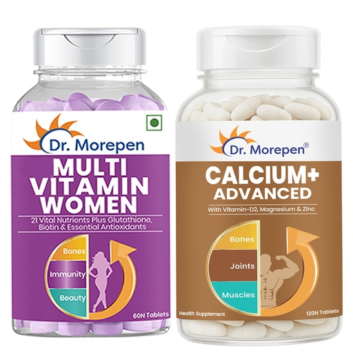 [BRSRY2QNDMOQ4G3Z] Dr. Morepen Calcium+ Advanced with Vitamin D2, Magnesium & Zinc + Multivitamin for Women with Calcium, Vitamin D3 & 21 Nutrients | Bone, Energy & Daily Wellness Combo
