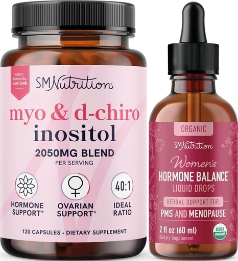 [BRSRAZALCEBWGFD5] SMNutrition 초본 호르몬 균형 Tincture & Myo-Inositol & D-Chiro Inositol | 40:1 (30 인분)를 가진 호르몬 균형 뭉치 및 여성 (60 인분)를 위한 액체 주기 지원