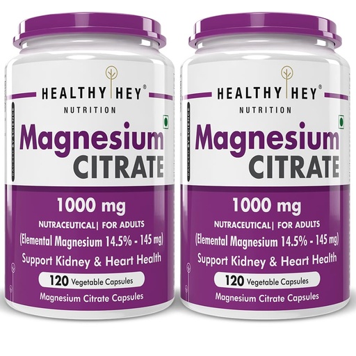 [BRSRAZYEAQGWCAI3] HealthyHey Nutrition Magnesium Citrate - 1000 mg - 120 Vegetable Capsules - Pack of 2