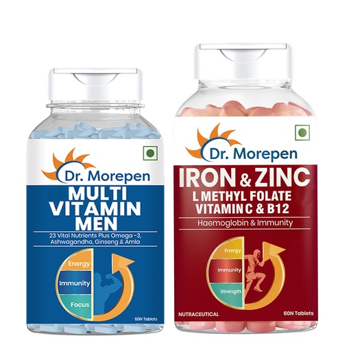 [BRSRY2QNCB5QYYD3] Dr. Morepen Iron & Zinc Tablets with Vitamin C & B12 + Multivitamin for Men with Zinc, Vitamin C, Vitamin D3, Biotin & Essential Minerals | Daily Wellness & Nutrition Combo