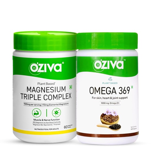 [BRSRGAA7DMIBEGQ6] OZiva Magnesium Triple Complex 1100mg for Muscle, Sleep and Nerve Function | 60 Vegetarian Tablets & Plant Based Omega 3 6 9 Multivitamin Supplement for Men & Women, 60 Capsules