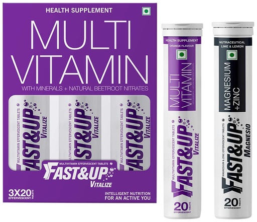 [BRSW2YL6BZ6QK23H] Fast&Up Vitalize Multivitamin Supplement 21 Vitamins And Minerals - 60 Tablets & Fast&Up Magnesio - Magnesium and Zinc for Muscle Health and Stress - 20 Effervescent Tablets - Lime and Lemon Flavor