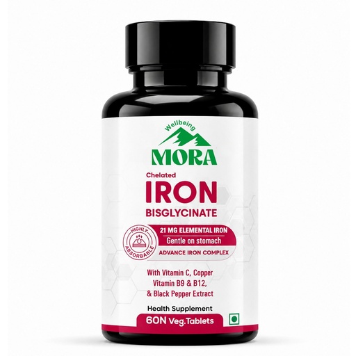 [BRSRYZALDMBRG23L] Chelated Iron Bisglycinate Supplement | 21 MG Elemental | 100% RDA | Vitamin C, Copper, B12, Folate & Black Pepper Extract | Supports Energy, Immunity & Hemoglobin | Gentle on Stomach, High Absorbable | 60 Veg Tablets