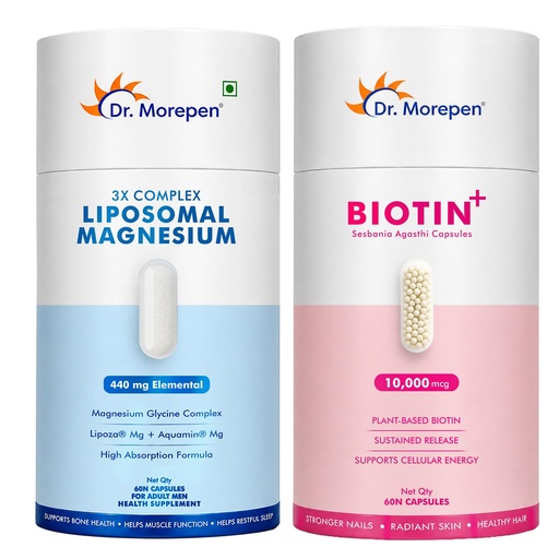 [BRSRY2T6DIFRY2DB] Dr. Morepen Liposomal Magnesium Complex 440mg with Aquamin®, Magnesium Glycinate, Vitamin D2, K2-7, B6 & B12 + Biotin+ 10,000 mcg with Pure Sesbania Agasthi Extract | Hair, Skin & Nails Wellness Combo