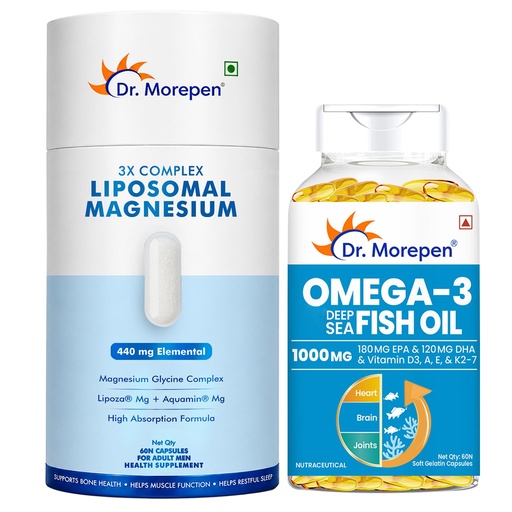 [BRSRYZARAR5BYADA] Dr. Morepen Omega-3 Fish Oil 1000mg (60 Softgels) + 3X Complex Liposomal Magnesium 440mg with Vitamin D2, K2-7, B6 & B12 (60 Capsules) | Heart, Joint, Sleep & Muscle Support Bundle
